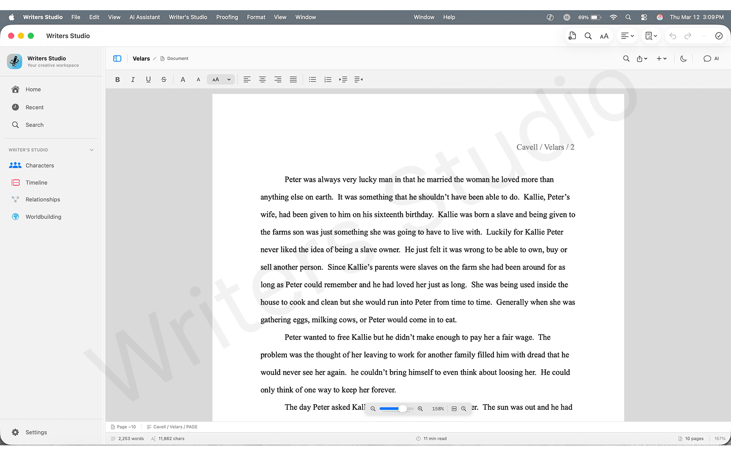 Writers Studio editor with a manuscript page centered between navigation and writing controls.