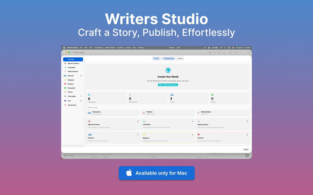 Writers Studio — Worldbuilding dashboard