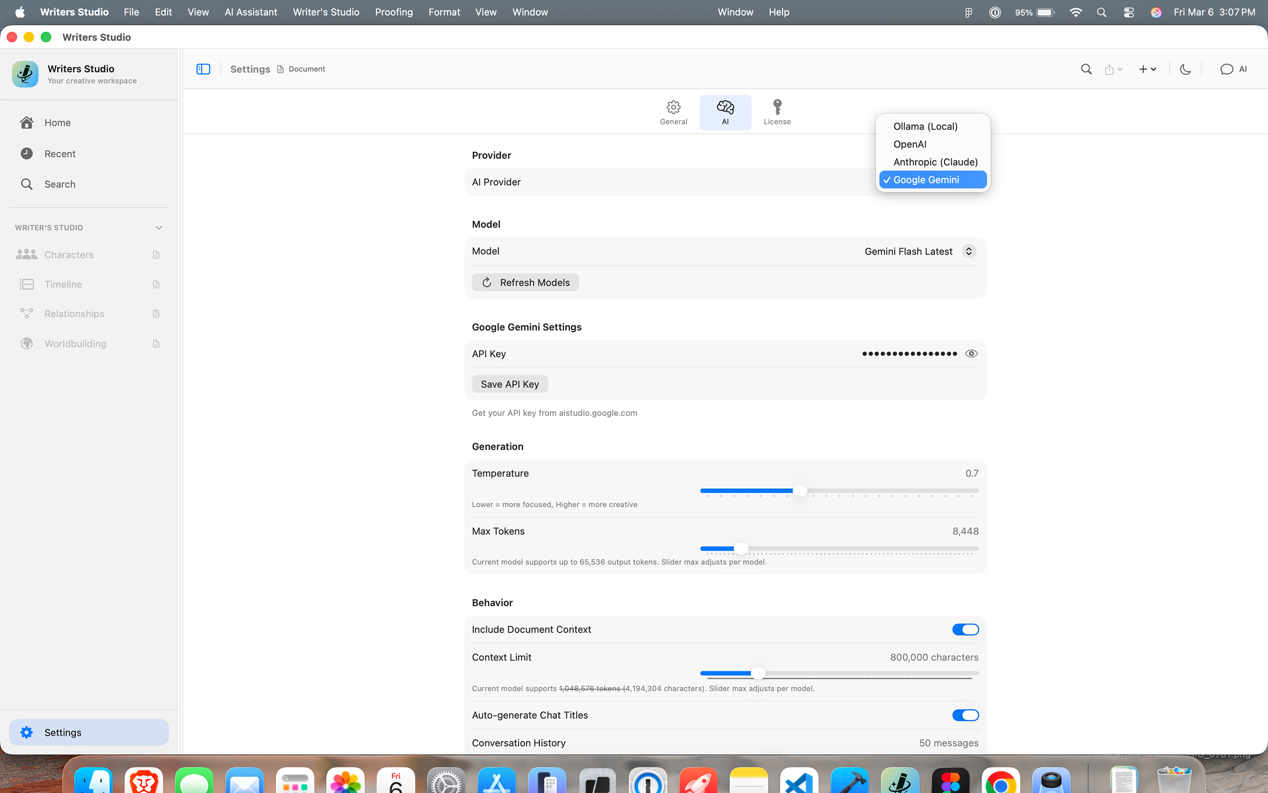 Writers Studio AI provider settings with model controls and context options
